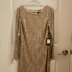 Adriann Papell Long Sleeve Beaded Gold Dress, Size 10